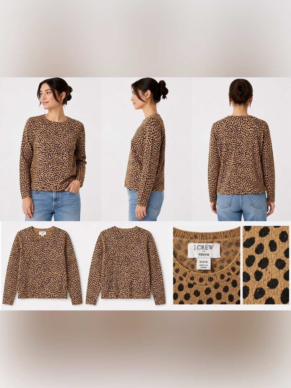 J.Crew Teddie Leopard Print Cotton Sweater XXS Tan Black Crewneck - Picture 2 of 8